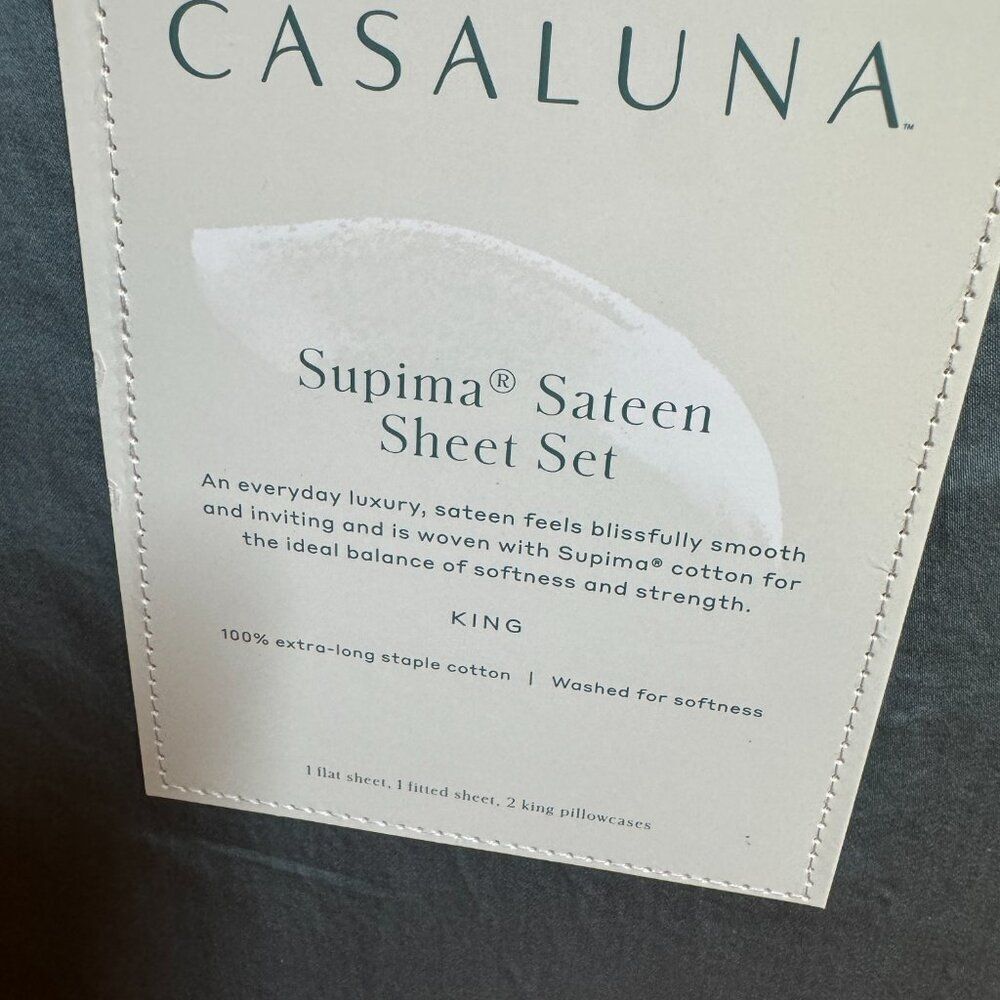CASALUNA Thread Count‎ Washed Supima Sateen Light Teal Solid Sheet Set NWT king - Picture 5 of 8